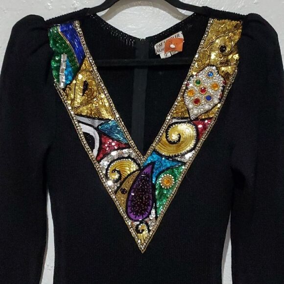 Vintage 1980s Pat Sandler For Wellmore Knit Dress with Sequins Beading Size M - Picture 2 of 16